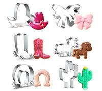 6 Piece Cowboy Cowgirl Cookie Cutter Set, Western Boot Cookie Cutter Bow, Cowboy Hat, Cactus, Horse Hooves Shaped Stainless Steel Metal Molds Perfect for Western Cowgirl Party
