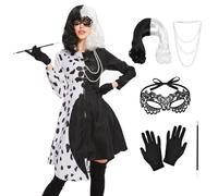 6 Piece Cruella Costume Women's Set, Cruella Devil Costume Women's with Wig, Lace Mask, Gloves, Pearl Necklace and Long Bar, Black White Dalmatian Dress for Carnival, Cosplay, Party, Fancy Dress (M)