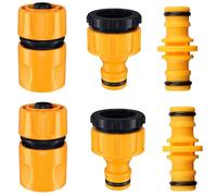 6-Piece Garden Hose Connector Kit - External Faucet to Hose Adapter, Including 2 Double Male Connectors and 2 Hose End Quick Couplings, 2 2-in-1 Faucet Adapters in 1/2 Inch and 3/4 Inch Sizes.