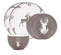 6 Piece Grey Reindeer Stoneware Dinner Set | Dishwasher Safe, Microwave Safe, 2 Dinner Plates, 2 Side Plates, 2 Dessert Bowls, Ceramic, Glazed, Dinnerware Set