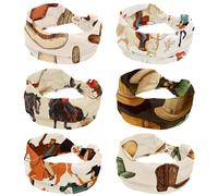 6 Piece Headbands for Women, Soft Wide Turban Hairbands, Vintage Wild West Women Cowgirls Rodeo Pattern Twisted Knot Cross Headband, Stretchy Headwraps, Fashion Hair Accessories