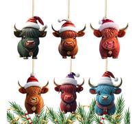 6 Piece Highland Cow Christmas Ornaments - Acrylic 2D Flat Decorative Tree Hanging Ornaments
