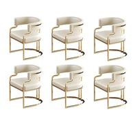 6 Piece Indoor Dining Chair Set Upholstered with Low Back Leather & Brass Legs Perfect for Kitchen Dining Room & Bubble Tea Shops (White)