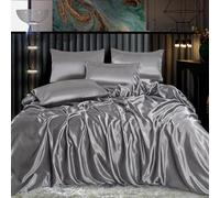 6-Piece Luxury Satin Duvet Cover Bedding Set Plain - Ultra Luxury Soft, Silky Bed Set Include (1xDuvet Cover, 1xFitted Sheet, 4xHousewife Pillow Case) (Double, Silver)-(Same Day Dispatch)