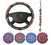 6 Piece Mandala Car Accessories Set Include Boho Steering Wheel Cover Absorbent Ceramic Coasters Handmade Window Hanging Ornaments for Women Decor(Crystal,Vivid Style) Protect the steering wheel
