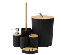 6-Piece Modern Bathroom Accessory Set, Plastic Bath Essentials Bundle with Toilet Brush Holder, Soap Dispenser, Toothbrush Cup, and Trash Can, Sl lack Design