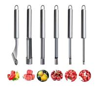 6 - Piece Multi - Function Fruit & Vegetable Corer and Pitter Set for Apples, Pears, Cherries, Jujubes, Berries & Chilies, Silver