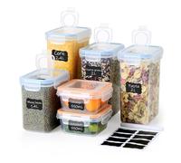 6-Piece Pantry Storage Set with Colour-Coded Seals - 4 Rectangular Cereal Containers (Blue) + 2 Square Kitchen Canisters (Orange) - Airtight BPA-Free Food Organiser - 2.4L, 2x2L, 1.4L & 2x550ml