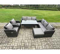 6 Piece Rattan Garden Furniture Set with Patio Sofa Rectangular Dining Table Big Footstool Indoor Conservatory Patio Set Fimous Dark Grey One Size