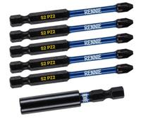 6 Piece Rennie Tool Magnetic 60mm Professional Impact Bit Holder with 5 x 75mm Long Magnetic Pozidriv PZ2 Screwdriver Impact Bits. Heavy Duty