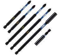 6 Piece Rennie Tool Magnetic Impact Set PZ2 Extra Long Bits + 2 Bit Holders