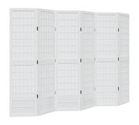 6-Piece Room Divider White Paulownia Solid Wood, Foldable and Freestanding, Privacy Screen Divider with Grid Pattern for Living Room, Bedroom, Office, Space-Saving and Decorative, Indoor Use