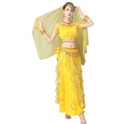 6-Piece Set Bollywood Indian Womens Ladies Fancy Dress Arabian Princess Belly Dance Skirt Outfits Costume,Yellow,XL