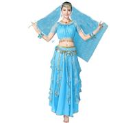 6-Piece Set Bollywood Indian Womens Ladies Fancy Dress Arabian Princess Belly Dance Skirt Outfits Costume,Blue,XL