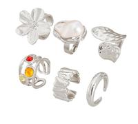 6 Piece Set Retro Metal Flower & Crystal Rings, Faux Pearl Embellishment, Cute Stackable Chunky Silver Rings for Women, Suitable for Women's Everyday Outfit, Celebrations, Parties