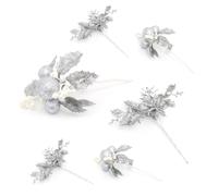 6 Piece Silver Glitter Christmas Flower Spray Pick | Artificial Holly Stems Christmas Decoration | Xmas Floral Spray Flower Pick