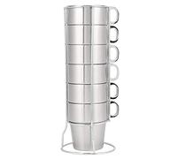 Oumefar 6 Piece Stainless Steel Cup Set Double Layer Anti Scald Metal Cup Reusable Stackable Water Cup Coffee Tea Mug Drink Cup Set with Cup Holder Stand