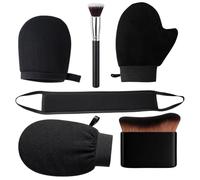 6-Piece Tanning Mitt, Fake Tan Mitt Set, Includes Contour Brush, Makeup Brush, Exfoliating Glove, Black Rubber Gloves, Finger Cots, Microfiber Back Lotion Applicator