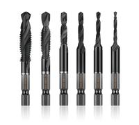 6-Piece Tap Set, Combi Drill Bit with M3 x 0.5 M4 x 0.7 M5 x 0.8 M6 x 1.0 M8 x 1.25 M10 x 1.5 Sizes, High Speed Steel Tap Set, Titanium Coating, 6 mm Hex Shank for Metal and Wood