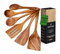 6 Piece Teak Wooden Utensil Set, Comfort-Grip Wooden Spoons for Cooking, Smooth Finish Wood Kitchen Utensils Set, Non-Stick Wood Spatula for Cooking