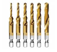 6 Piece Titanium Coated Combination Drill and Tap Set - Metric (M3-M10) and BSW (1/8-40 to 3/8-16) HSS Hex Shank Bits for Thread Cutting Metal