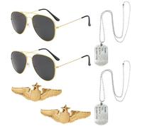 6 Piece Top Gun Costume Men, Top Gun Costume Women, Pilot Fancy Dress Set with Black Aviator Sunglasses, Gold Wings Badge, Military Dog Tags, Aviators Accessories for Men Women Party Cosplay Halloween