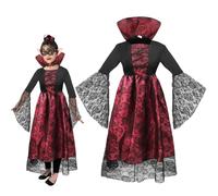 6-Piece Vampire Costume Girls, Halloween Costume Kids Vampire Girls, Gothic Costume with Necklace Fangs Elf Ears Eye Patch, Victorian Vampire Costume for Halloween, Carnival, Cosplay Party (XL)