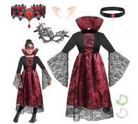 6-Piece Vampire Costume Girls, Halloween Costume Kids Vampire Girls, Gothic Costume with Necklace Fangs Elf Ears Eye Patch, Victorian Vampire Costume for Halloween, Carnival, Cosplay Party (L)