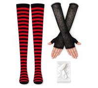 6-Piece Vampire Costume Set, Complete Halloween Party Outfit, Gothic Character Dress Up, Red Black Striped Thigh High Socks and Spider Long Fingerless Gloves with White Teeth Fangs for Themed Events