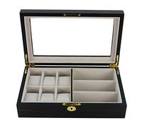 6 Piece Watch Case and 3 Piece Eyeglasses Storage Ebony Wood Combo Jewelry Box Sunglass Glasses Display Organizer with Glass Top