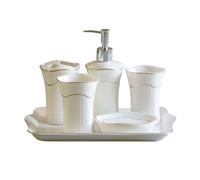6-Piece White Ceramic Bathroom Set with Moroccan Trellis Pattern, Embossed Soap Dispenser & Holder(6 Pcs)