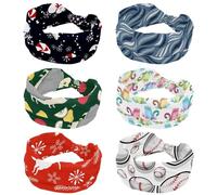 6 Piece Women's Headband, Blue Simple Ripple Leaves Pattern Wide Hairband, Elastic Non-Slip Headband, Twist Knotted Sport Workout Head Wrap, Hair Accessories