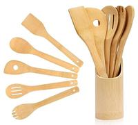 6 Piece Wooden Spoons Set with Holder Cooking Utensils Wood Kitchen Non Scratch Heat Resistant Kit for Non-Stick Pots and Pans Cookware Turner