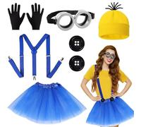 6-Piece Yellow Cosplay Costume Set for Women, Including Yellow Knitted Hat, Goggles, Gloves, Blue Tutu Skirt & Strap for Halloween & Party Fun, World Book Day