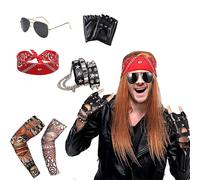 (6 Pieces) 1980's Metal Rocker Rockstar Rock N Roll Costume 70s 80s Party Accessory Set Headband Tattoo Cuff Gloves Punk Bracelets