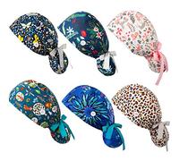 6 Pieces Adjustable Scrub Long Hair Caps Cotton Hats with 2 Buttons, Sweatband, Tie Back Hats for Women, Forest, Butterfly, Dragonfly, Leopard Print, Pink Flower, Blue Flower