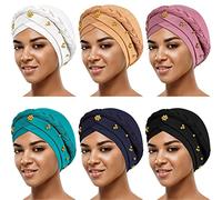 6 Pieces African Women Turban Cap Beaded Headscarf Beanie Twisted Braid Wrap Hat Faux Pearl Headwrap (Black, White, Lake Blue, Pink, Khaki, Navy Blue, Bead Style), Black