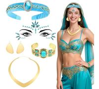 6 Pieces Arabic Jasmine Princess Costume Accessories Aladdin Headband Set Includes Headdress Bracelet Necklace Earrings Face Stickers for Women Girls Cosplay Fancy Dress Carnival Halloween, color1