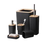 6 Pieces Black Bathroom Accessories Set,Modern Minimalist Design Plastic Bamboo Bathroom Organizer Kit with Soap Dispenser,Dish,Toothbrush Holder,Cup, Toilet Brush,Trash Can for Home/Hotel