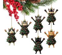 6 Pieces Black Cat Christmas Ornament - Christmas Tree Decorations Acrylic Hanging Ornaments, Cute Black White Cats Hanging Ornaments Wearing Christ Mas Trees Dress Cat Ornament