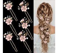 6 Pieces Bridal Flower Wedding Hair Pins Crystal Pearl Hair Pins Clips Headpiece Gold Wedding Hair Accessories Jewelry with Rhinestone for Brides Bridesmaids Women Girls Updo (Cherry Blossoms Pink)