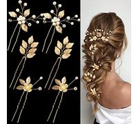 6 Pieces Bridal Wedding Hair Pins Gold Leaf Crystal Pearl Hair Pins Clips Headpiece Vintage Wedding Hair Accessories Jewelry with Rhinestone for Brides Bridesmaids Flower Girls (Lovely)