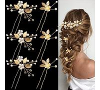 6 Pieces Bridal Wedding Hair Pins Gold Leaf Crystal Pearl Hair Pins Clips Headpiece Vintage Wedding Hair Accessories Jewelry with Rhinestone for Brides Bridesmaids Flower Girls (Elegant)