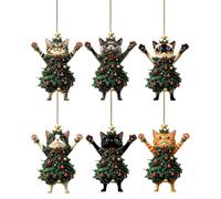 6 Pieces Cat Christmas Ornament, Christmas Tree Decorations 2D Acrylic Hanging Ornaments, Cute 2D Black & White Kittens Dressed as Christma-s Trees for Car Rearview, Bag Charm, Mantel