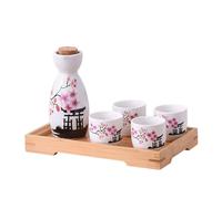 6 Pieces Ceramic Sake Set, Japanese Sake Set for Home with Multi-Function Wooden Tray, Traditional Hand Painted Japanese Ceramic Drink Kit, Suitable for 4 People