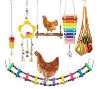 6 Pieces Chicken Toys, Natural Wood Swing Chicken Ladder Xylophone Mirror with Bells Fruits Hanging Feeder Coop Accessories for Birds