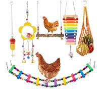 6 Pieces Chicken Toys, Natural Wood Swing Chicken Ladder, Xylophone Mirror with Bells Fruits Hanging Feeder Coop Accessories for Birds Rooster Hens Chicks Coop Toys