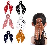 6 Pieces Chiffon Floral Scrunchie Ribbon Bow Scrunchies Ponytail Polka Dot Hair Scarves 2 in 1 Hair Ties Use for Women Girls