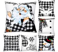 6 Pieces Christmas Pillow Covers 18 x 18 Inch Buffalo Plaid Pillow Case Christmas Pillow Case Holiday Throw Pillow Cover for Xmas Winter Sofa Couch Bedroom Decorations (Black, White)