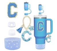 6 Pieces Cup Accessories Set for Stanley Cup 30 oz 40 oz Tumbler with Handle, Including Silicone Straw Topper Cover Cap and Boot, Spill Proof Stopper, Handle Charm, Initials Sticker (Blue C)